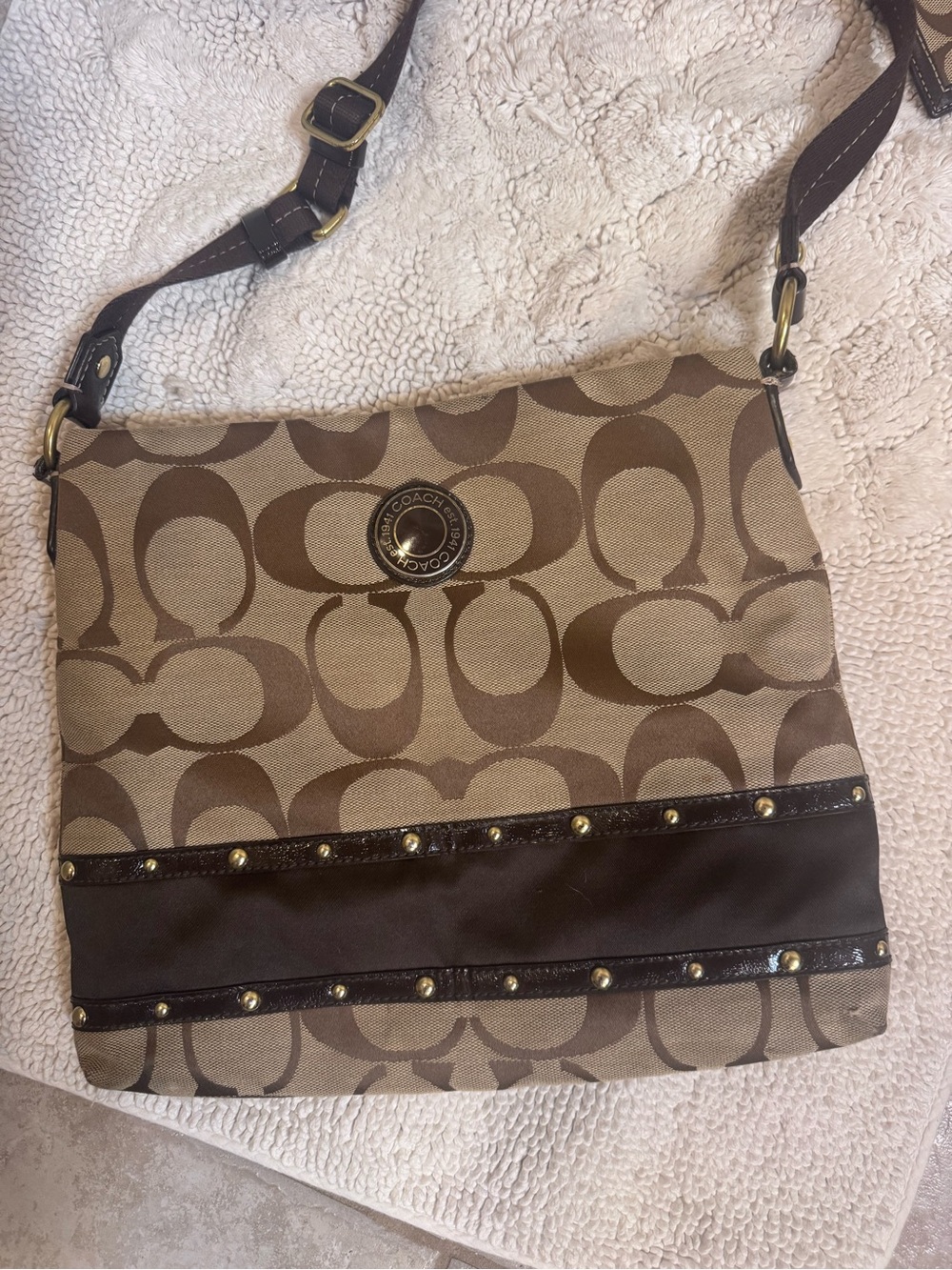 Coach Tan & Brown Sig. Canvas Crossbody w/ Studded Trim bundle wallet & wristlet